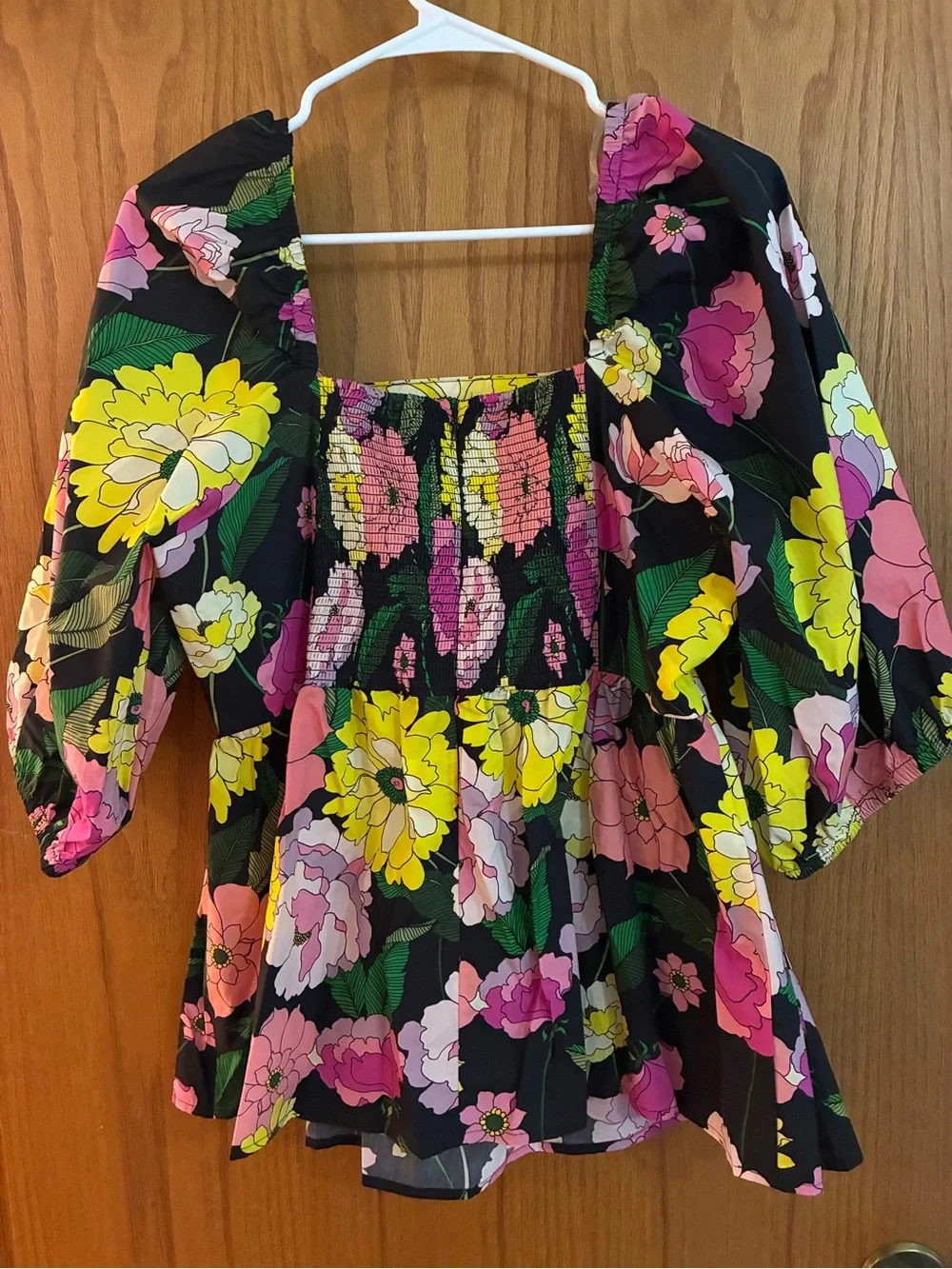 Johnny Was Black Floral Square-Neck top with Pink & Yellow Blooms